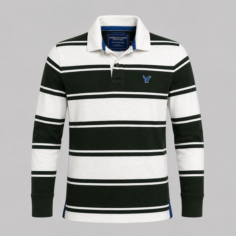 Vtg. American Eagle Rugby Striped The Eagle Polo Shirt Men's Large Green White